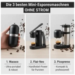 Collage der drei besten Modelle von Mini Espressomaschine ohne Strom (z.B. Nanopresso, Picopresso, Flair).