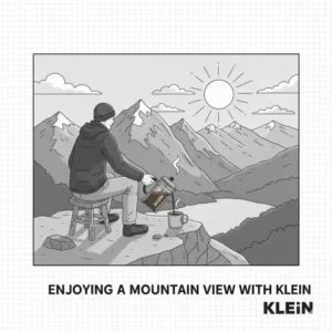 Zeichnung einer camping french press klein im Einsatz vor einem beeindruckenden Bergpanorama.