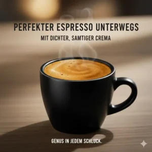 Nahaufnahme eines frisch zubereiteten Espresso mit dichter, goldbrauner Crema, hergestellt mit einer empfohlenen Espresso To Go Maschine Empfehlung.
