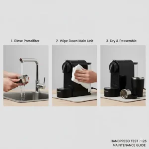 Eine visuelle Anleitung zur einfachen Reinigung und Wartung der Handpresso Maschine, wichtige Informationen aus dem Handpresso Test 2026.
