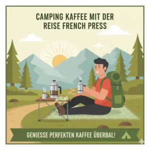 Ein Wanderer genießt frischen Kaffee aus einer reise french press leicht am See.