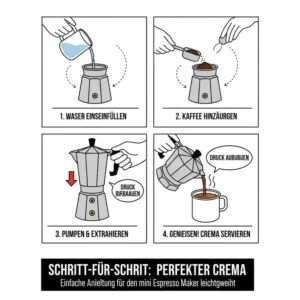 Schritt-für-Schritt Anleitung zur Kaffeezubereitung mit dem mini espresso maker leichtgewicht.