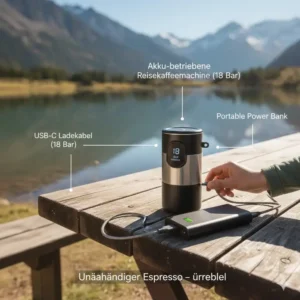 Akkubetriebene Reisekaffeemaschine liefert Espresso mit Druck von 18 bar ohne Steckdose.