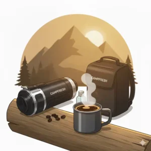 Frischer Espresso dampft in einer Tasse, zubereitet mit der tragbare espressomaschine camping am Morgen.