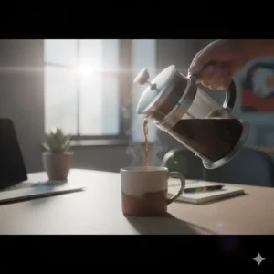 Eine tragbare french press edelstahl auf einem Schreibtisch im modernen Büro.