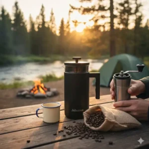 French Press Reisekaffeemaschine Test inklusive Zubehör wie Mühle und Kaffeebohnen.