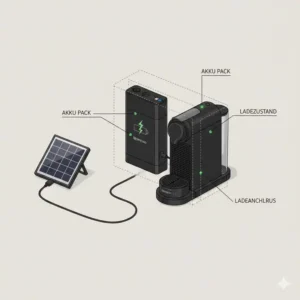 Technical diagram showing the charging system of an akku nespresso maschine outdoor via a solar panel.