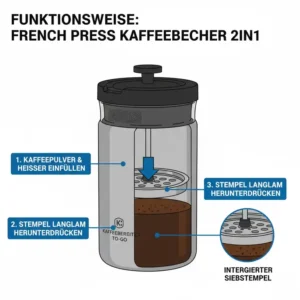 Illustration der Funktionsweise des french press kaffeebecher 2in1 mit integriertem Filtersystem.