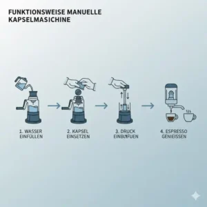 nfografik zur mechanischen Funktionsweise einer portable kapselmaschine ohne strom mit Handpumpe.