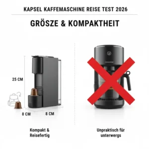 Illustration der kompakten Maße und Portabilität aus dem kapsel kaffeemaschine reise test 2026.