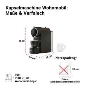 Infografik über die kompakten Abmessungen für eine kleine kapselmaschine wohnmobil im Regal.