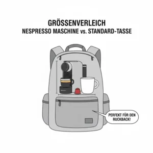 Größenvergleich im nespresso maschine tragbar test neben einer Standard-Tasse für den Rucksack.