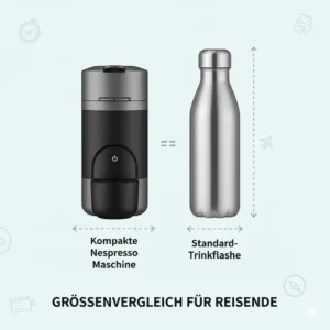 Größenvergleich der nespresso reise maschine kompakt neben einer Wasserflasche.
