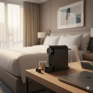 Eine kompakte mini kapselkaffeemaschine hotel auf einem Schreibtisch zur Platzersparnis.