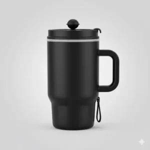 Die Frontansicht von einem schwarzen french press to go becher mit Deckel.