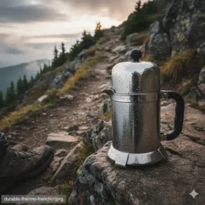 Eine robuste thermo french press outdoor platziert auf einem felsigen Wanderweg.