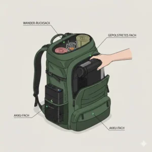 Illustration of an akku nespresso maschine outdoor being packed into a professional hiking backpack.