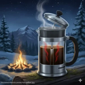 Illustration der Doppelwandisolierung einer thermo french press outdoor für heißen Kaffee.