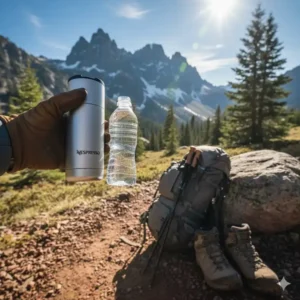 Das geringe Gewicht im nespresso maschine tragbar test beim Wandern im Vergleich zu einer Wasserflasche.