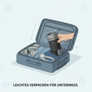 Illustration einer nespresso reise maschine kompakt, die ideal in das Reisegepäck passt.