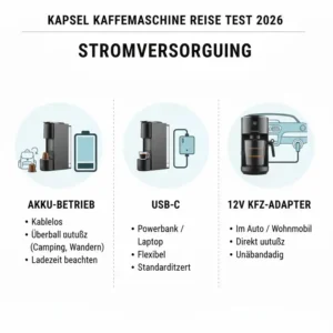 Darstellung der flexiblen Stromoptionen für das Auto und USB im kapsel kaffeemaschine reise test 2026.