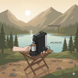 Action drawing of an akku nespresso maschine outdoor pouring fresh espresso in a forest setting.