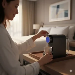 Ein Hotelgast bei der einfachen Bedienung einer mini kapselkaffeemaschine hotel.