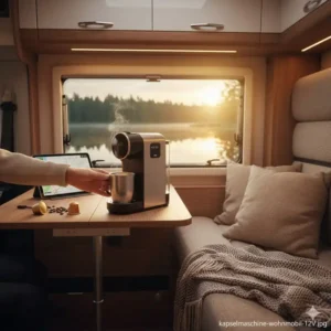 Nutzung einer Kapselmaschine 12V Auto im Wohnmobil während einer Pause.