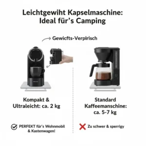 Grafik zeigt das geringe Eigengewicht, ideal für eine kleine kapselmaschine wohnmobil auf Reisen.