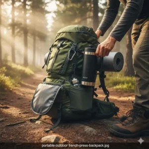 Eine kompakte thermo french press outdoor wird für eine Wanderung in den Rucksack gepackt.