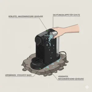 Diagram highlighting the water-resistant and rugged housing of an akku nespresso maschine outdoor.