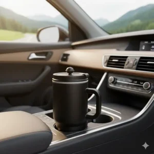 Ein french press to go becher platziert in einer Getränkehalterung im Auto.