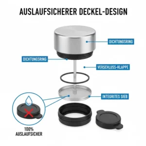 Detailansicht des auslaufsicheren Verschlusses am french press kaffeebecher 2in1.