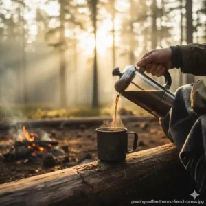 Frischer Kaffee wird beim Camping aus einer thermo french press outdoor eingeschenkt.