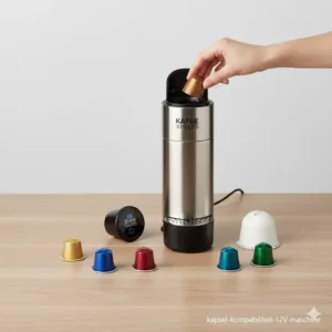 Verschiedene Kaffekapseln neben einer kompatiblen Kapselmaschine 12V Auto.