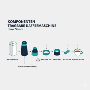 Technische Übersicht der Einzelteile einer portable kapselmaschine ohne strom inklusive Wassertank.