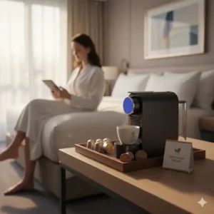 Nachhaltige Kaffeekapseln neben einer mini kapselkaffeemaschine hotel im Gästezimmer.