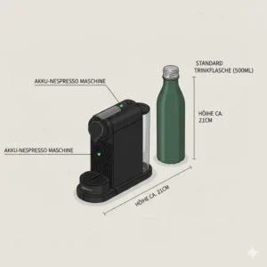 Size comparison between a standard 500ml water bottle and a compact akku nespresso maschine outdoor.