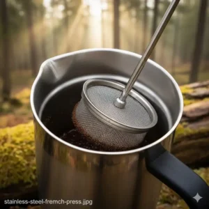 Nahaufnahme des Edelstahlfilters einer thermo french press outdoor für den Einsatz im Freien.