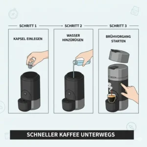 Grafik zur einfachen Bedienung der nespresso reise maschine kompakt in drei Schritten.