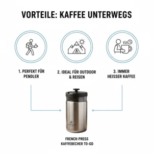 Illustration der mobilen Nutzung des french press kaffeebecher 2in1 beim Wandern oder Camping.