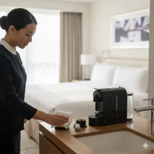Die gründliche Reinigung einer mini kapselkaffeemaschine hotel durch das Housekeeping.