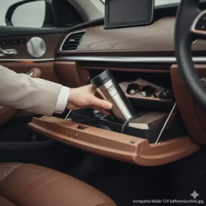Verstauen der kompakten Kapselmaschine 12V Auto im Handschuhfach des Autos.
