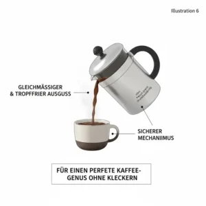 Perfektes Einschenken mit der ergonomischen mini French Press druckbeständig.
