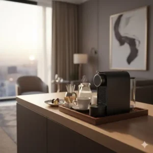 Luxuriöses Kaffee-Set inklusive einer mini kapselkaffeemaschine hotel auf einer Anrichte.