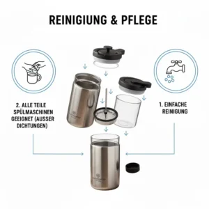 Grafik zur einfachen Reinigung und Pflege des french press kaffeebecher 2in1.