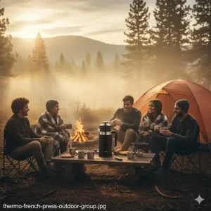 Eine Gruppe von Campern teilt sich Kaffee aus einer großen thermo french press outdoor.