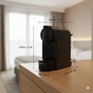 Infografik mit den kompakten Maßen einer mini kapselkaffeemaschine hotel.