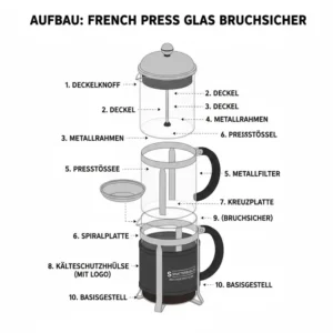Detaillierte Explosionszeichnung der french press glas bruchsicher Einzelteile.