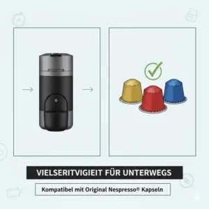 Die nespresso reise maschine kompakt mit passenden Kaffeekapseln für die Reise.